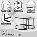 Nesting Coffee Table Set of 2, 27.6 inch Round Side Tables Coffee Table with Wood Marble Pattern Top Sturdy Metal Frame, End Table for Living Room Bedroom Balcony Yard (White B)