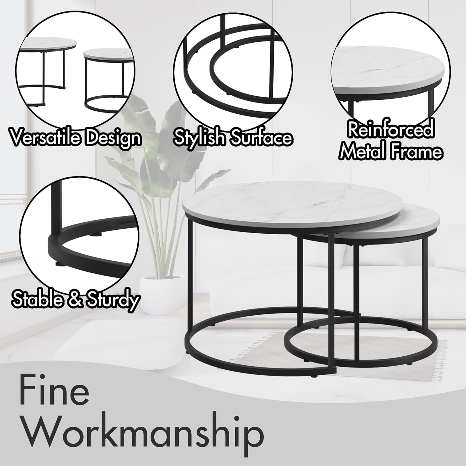 Nesting Coffee Table Set of 2, 27.6 inch Round Side Tables Coffee Table with Wood Marble Pattern Top Sturdy Metal Frame, End Table for Living Room Bedroom Balcony Yard (White B)