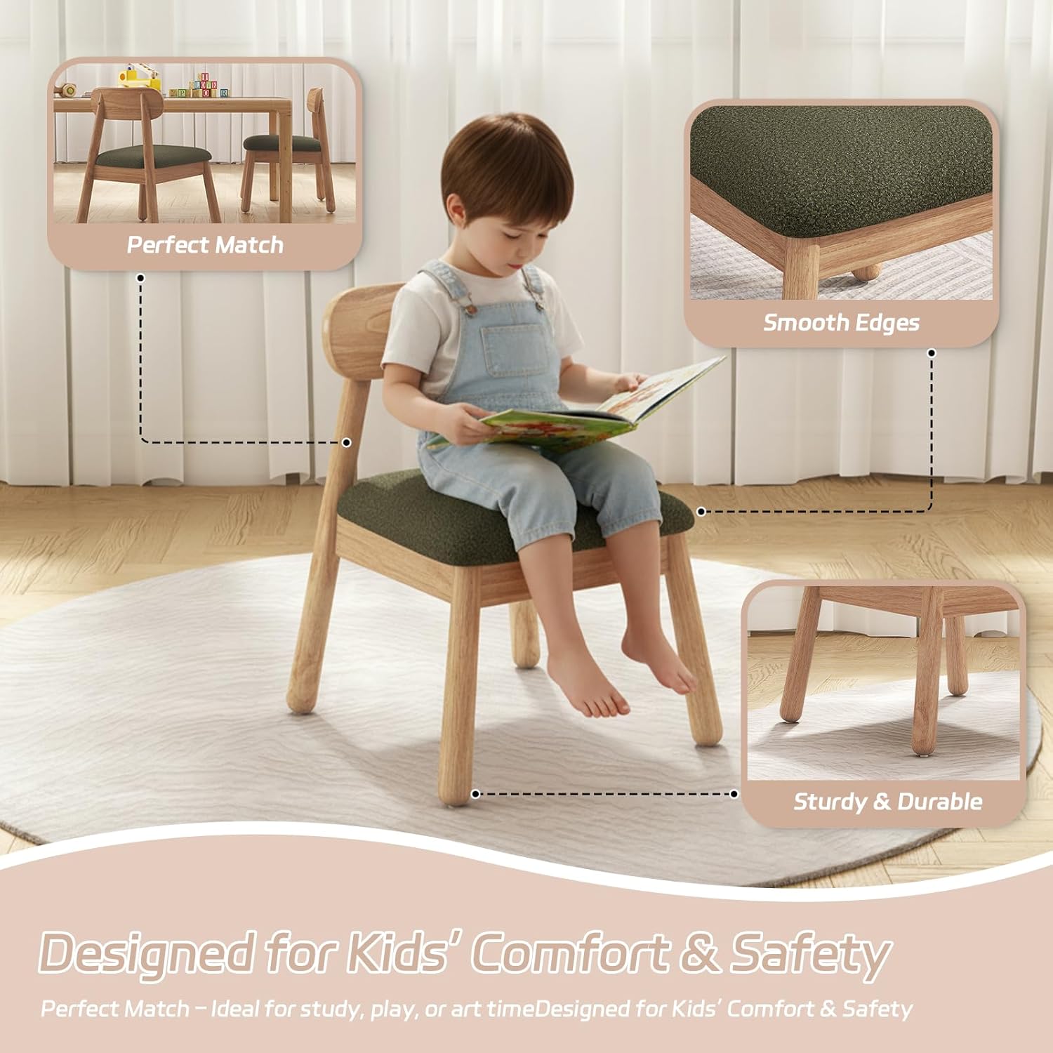Wood Kid Armchair, Toddler Chairs Ages 1-4, Kid Chair with Solid Wooden Frame, Toddler Armchair Comfy, Upholstered Kids Chair for Playroom, Bedroom, Kindergarten & Preschool, Green