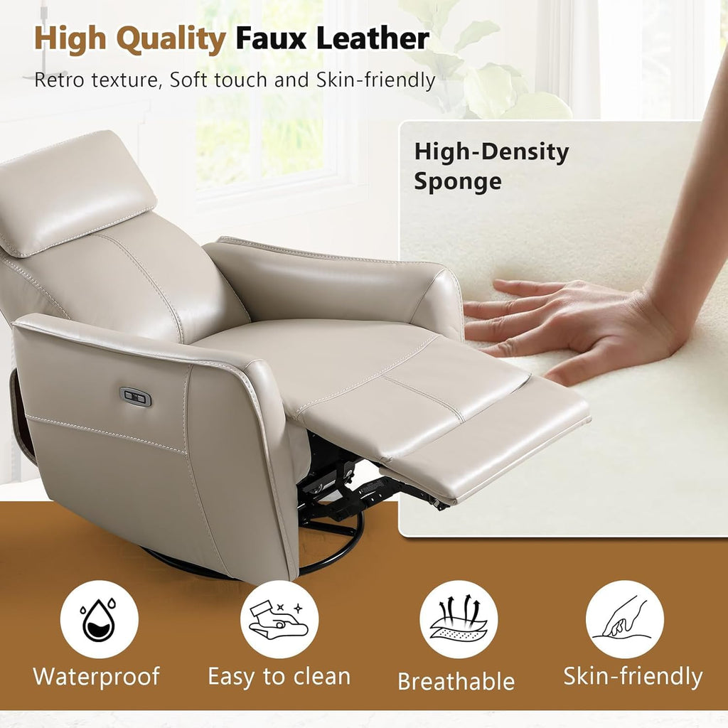 HAOMARKETS Electric Swivel Rocker Recliner Chair Set of 2, Power Faux Leather Glider Rocking Recliners for Adults,360° Swivel Nursery Reclining Sofa with USB Charging Port, Beige