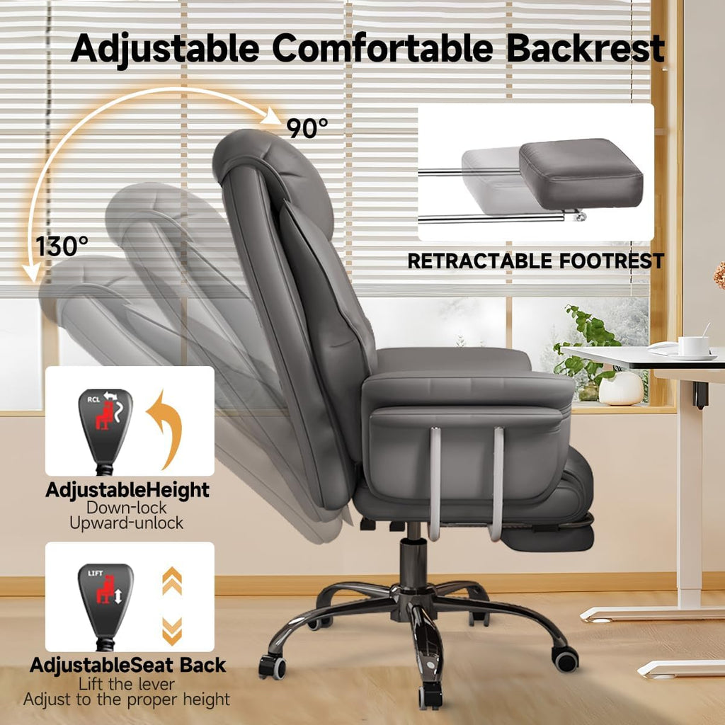 Big and Tall Office Chair 550 lbs Extra Wide Leather Executive Chair with Retractable Footrest, Heavy-Duty Ergonomic Chair, Adjustable Height Computer Gaming Chairs