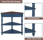 ZSQ Retro Corner Side Table, 33.8 inch Triangle Console Table with Solid Wood Legs, 3-Tier Small Wooden Living Room Table, Navy Blue and Espresso Top (Navy Blue)