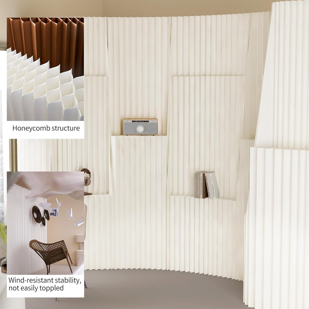 Portable Accordion Paper Room Divider with Storage Shelves, Folding Privacy Screen Partition Wall, Freestanding Room Separator for Office, Studio Apartment, Home, Dorm, Exhibition (13.2'W x 6.6'H)