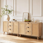 GREEN PARTY 47.2" Rattan Sideboard Buffet Cabinet, Coffee Bar Cabinet with Storage, 3 Drawers and 2 Doors, Boho Kitchen Storage Cabinet for Dining Room, Living Room, Entryway