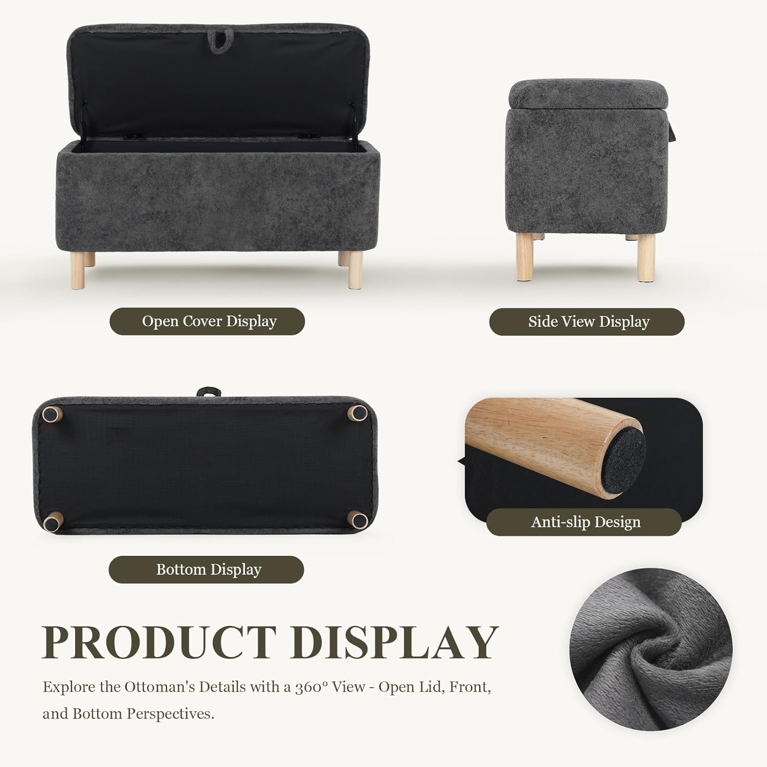 Ottoman with Storage, Storage Ottoman Bench, Entryway Bench with Wood Legs for Living Room, Bedroom, Sitting Area, Dark Grey