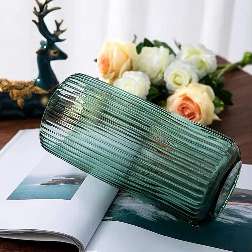 DECORPIA 8 Inch Premium Thickened Green Glass Vase - Ribbed Glass Flower Vase for Rustic Home Decor, Decorative Vases for Flowers for Modern Farmhouse, Ideal for Shelf, Mantle, Table Entryway Décor