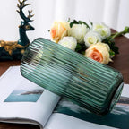 DECORPIA 8 Inch Premium Thickened Green Glass Vase - Ribbed Glass Flower Vase for Rustic Home Decor, Decorative Vases for Flowers for Modern Farmhouse, Ideal for Shelf, Mantle, Table Entryway Décor