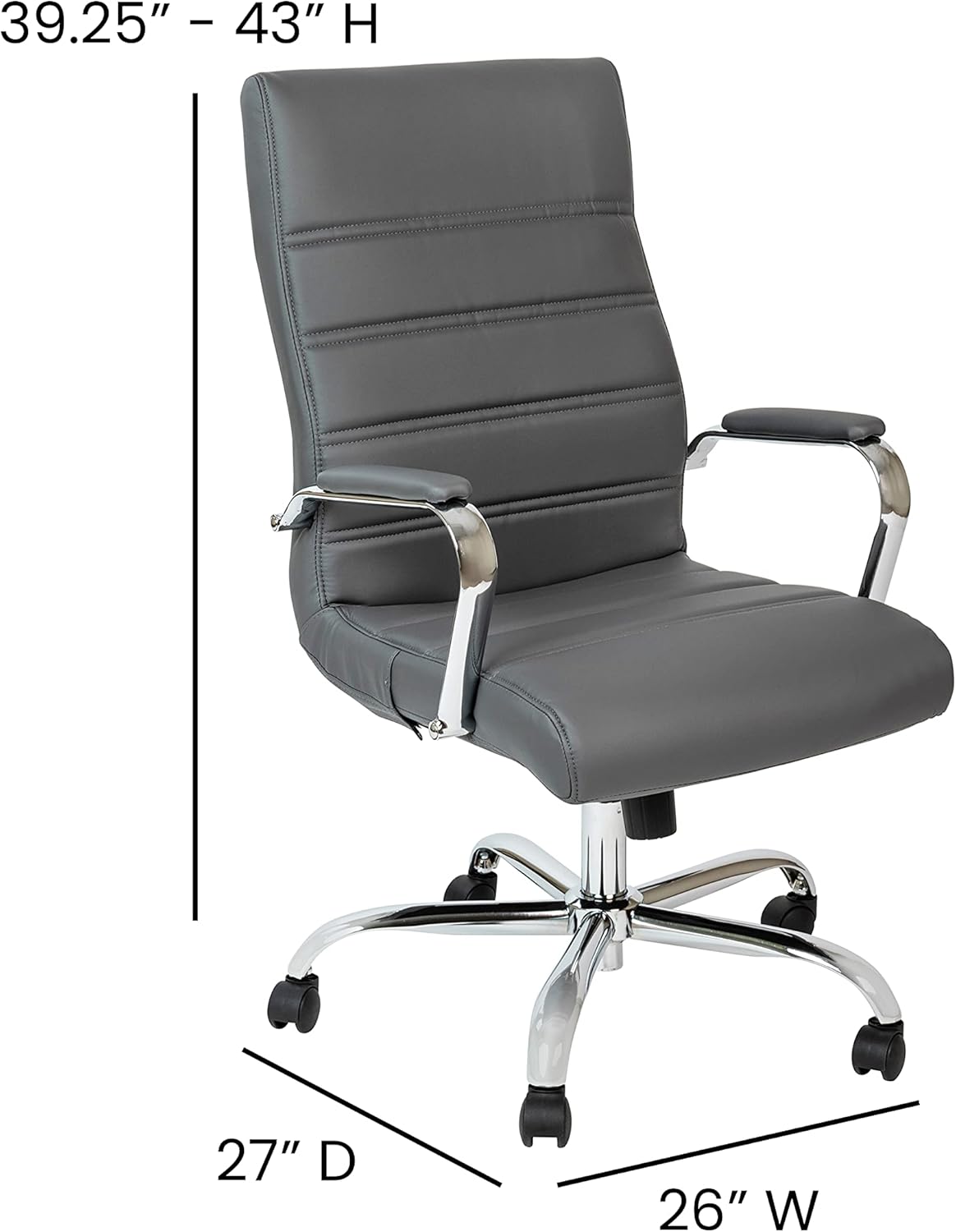 EMMA + OLIVER Faux Leather High-Back Swivel Home Office Desk Chair with Wheels, Padded Seat, and Armrests, Adjustable Height Multipurpose Office Chair, Gray/Chrome