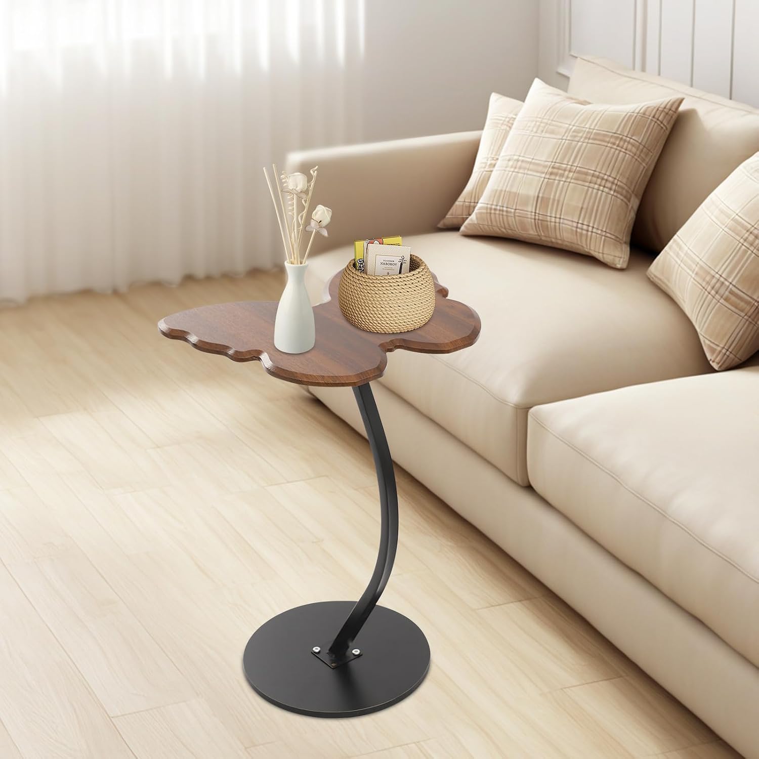 C-Shaped End Table, Butterfly Shaped Sofa Side Table with Metal Frame, Modern Accent Coffee Bedside End Table for Living Room Bedroom Office