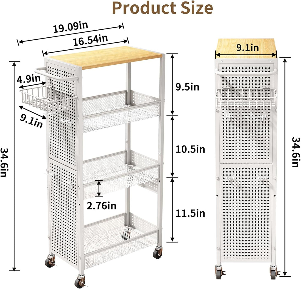 Slim Storage Rolling Cart: 4-Tier Narrow Metal & Wood Utility Cart with Wheels for Kitchen/Laundry/Bathroom(White)