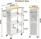 Slim Storage Rolling Cart: 4-Tier Narrow Metal & Wood Utility Cart with Wheels for Kitchen/Laundry/Bathroom(White)