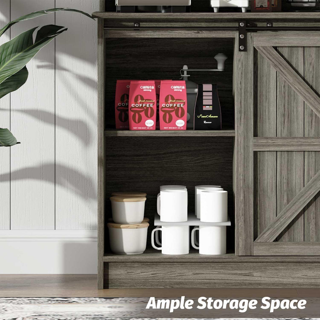 4ever2buy Farmhouse Coffee Bar Cabinet with 8 Hooks, 55” Kitchen Hutch Cabinet with Storage, Gray Coffee Bar with Sliding Barn Doors and 12 Racks for Living Dining Room, Wash Gray
