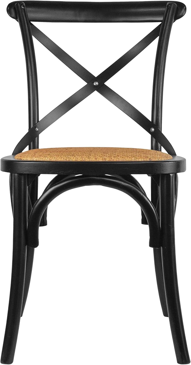 2xhome Wooden X Back Dining Chair | Woven Rattan Seat with Metal Cross Back | Rustic Farmhouse Kitchen Side Chair Fully Assembled (2, Black, Dining)