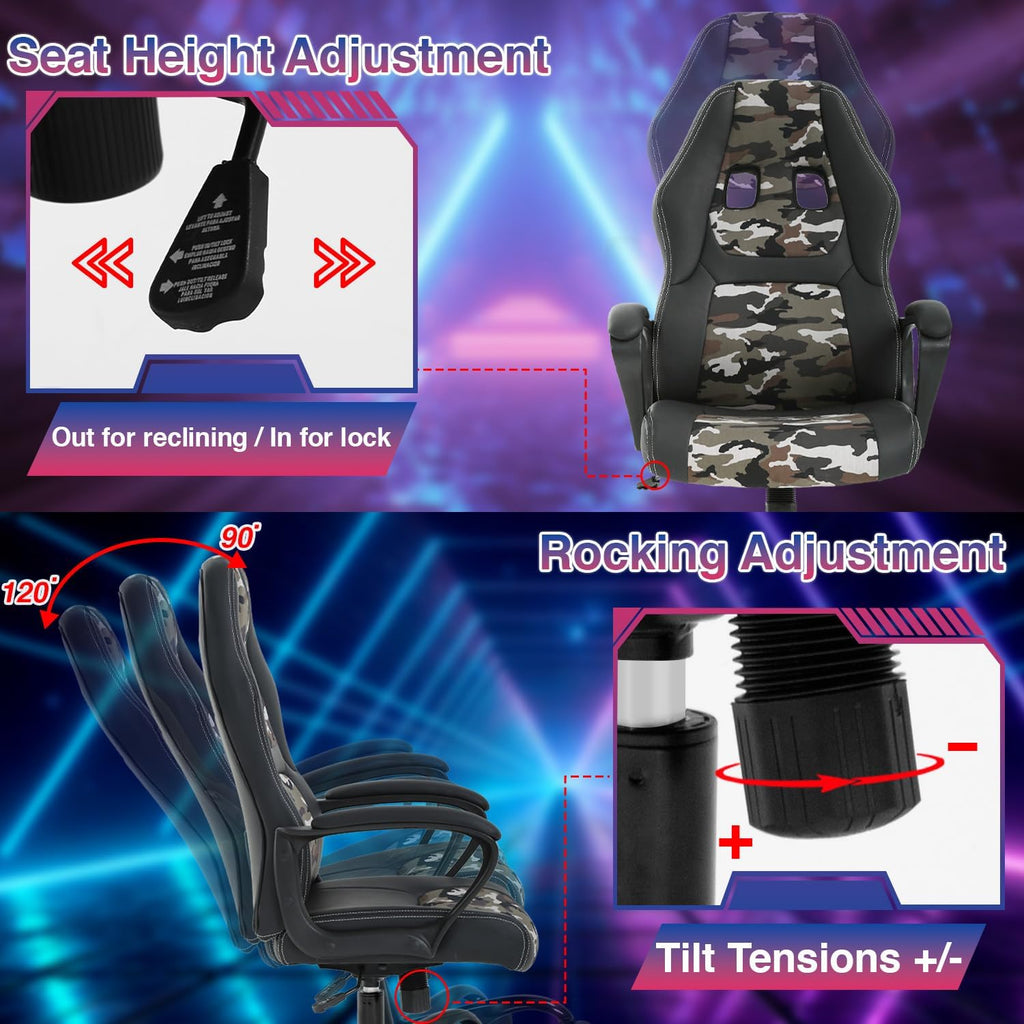 Computer Gaming Chair Office Ergonomic PC Chair Racing Chairs Writing Working High-Back PU Leather Swivel Adjustable Height Executive Chairs,Camo