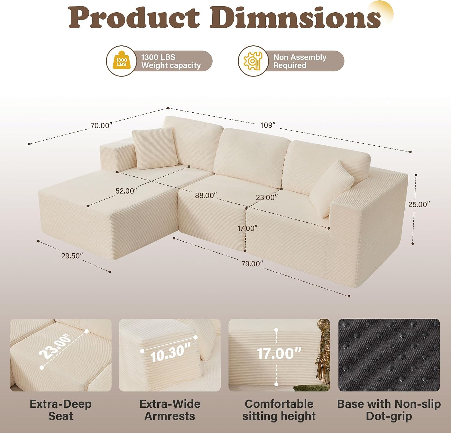 109” Cloud Sectional Couch, Boneless Modular Sofa with L-Shape Chaise, Deep Seat Corduroy Couch, No Assembly Required, Modern Upholstered Sectional for Living Room Apartment Bedroom