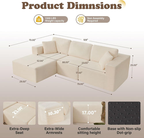 109” Cloud Sectional Couch, Boneless Modular Sofa with L-Shape Chaise, Deep Seat Corduroy Couch, No Assembly Required, Modern Upholstered Sectional for Living Room Apartment Bedroom