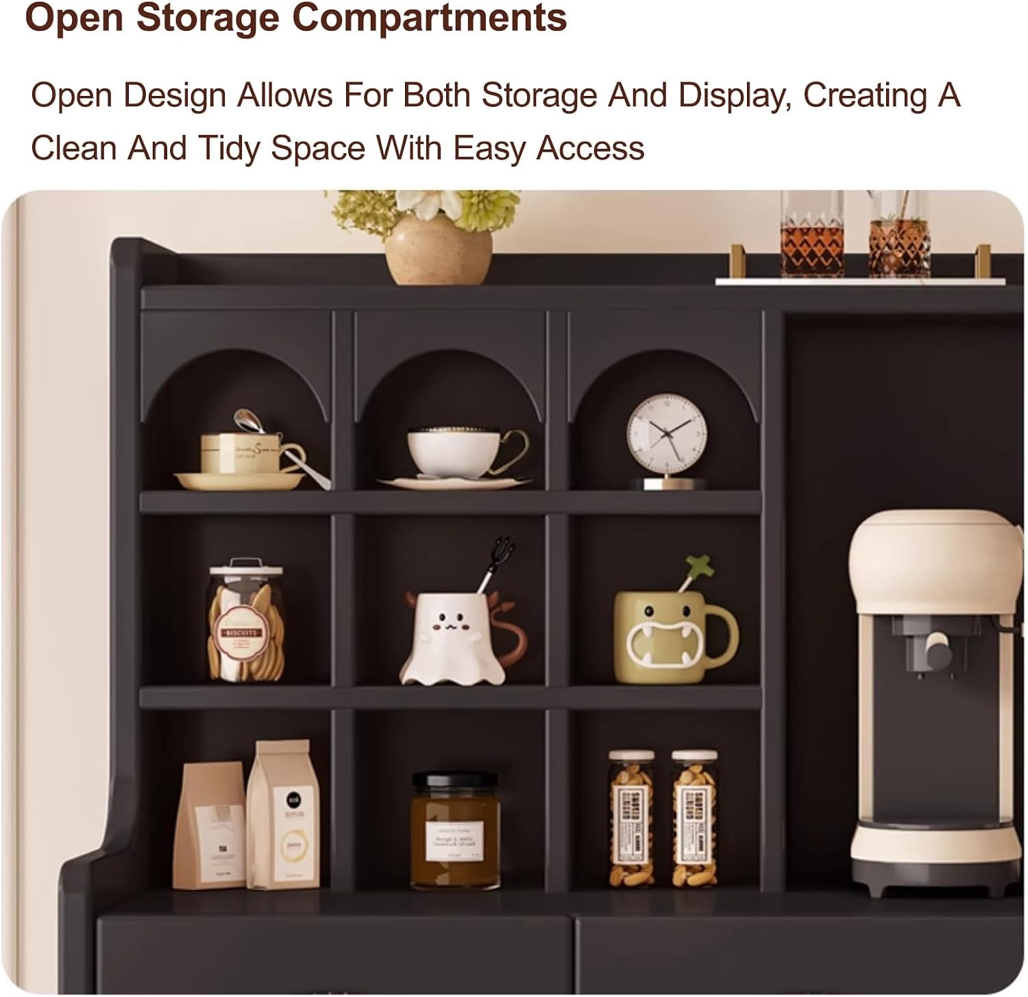 Pantry Storage Cabinet with Doors and Shelves, Food Pantry Cabinet, Farmhouse Coffee Bar Station with Doors and Shelves, for Dining Room, Living Room(Black,135x60cm/53.1x23.6in)
