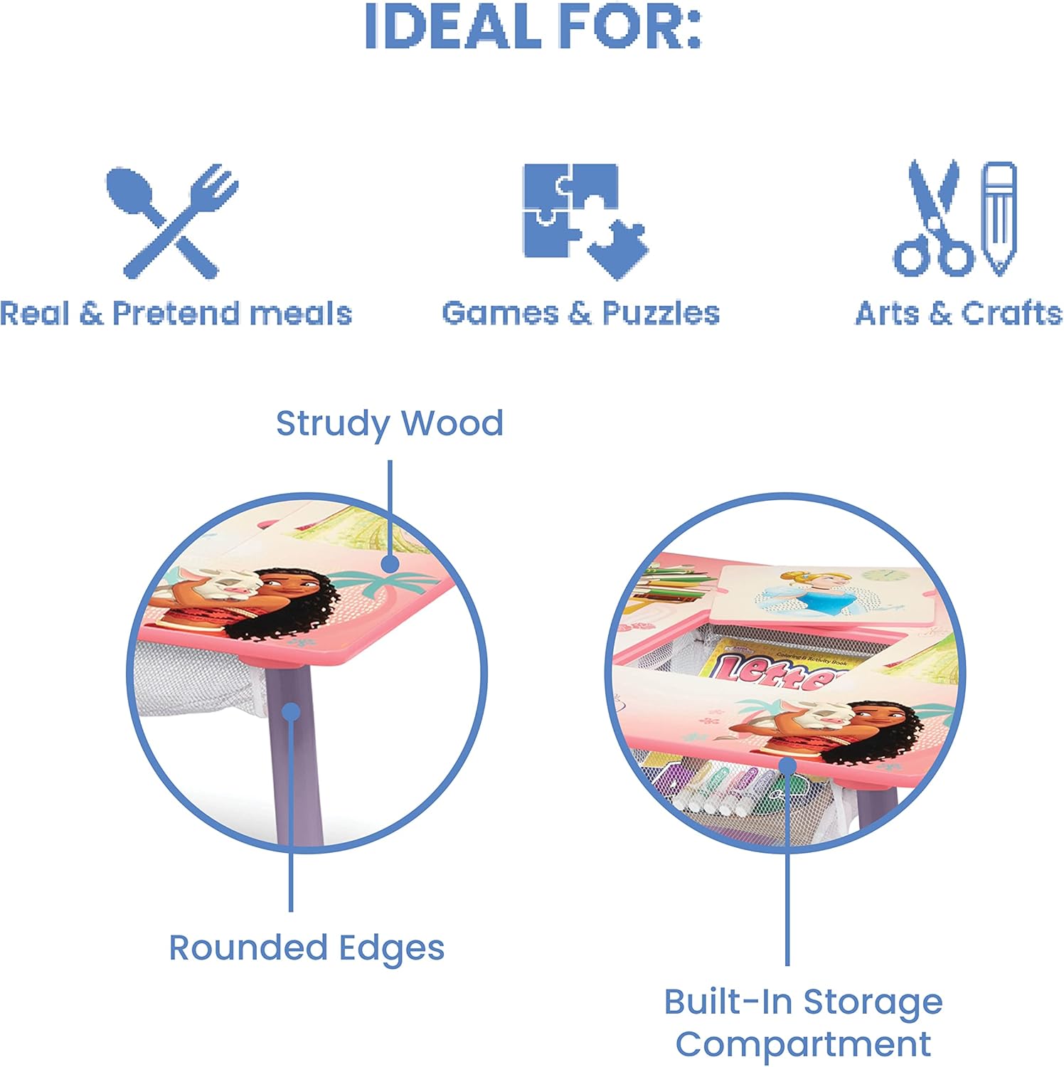Delta Children Kids Table and Chair Set with Storage (2 Chairs Included) - Ideal for Arts & Crafts, Snack Time, Homeschooling, Homework & More, Disney Princess