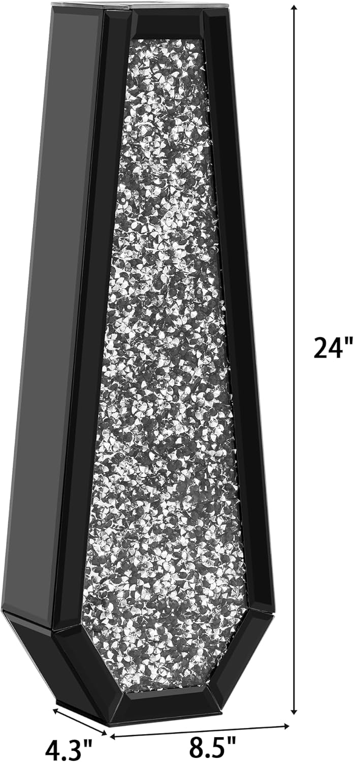 SHYFOY 24" Black Floor Vase, Black Crushed Diamond Tall Vases for Floor, Elegant Black Crystal Glass Vase for Pampas Grass Mirrored Decorative Flower Vase for Office Home Decor