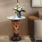 Leopard Side Table, Maximalist Room Decor Accent Table, Unique Animal Head Sculptural End Table with Faux Marble Top for Eclectic Vintage Home Interior, Living Room & Lounge - Savannah Leopard