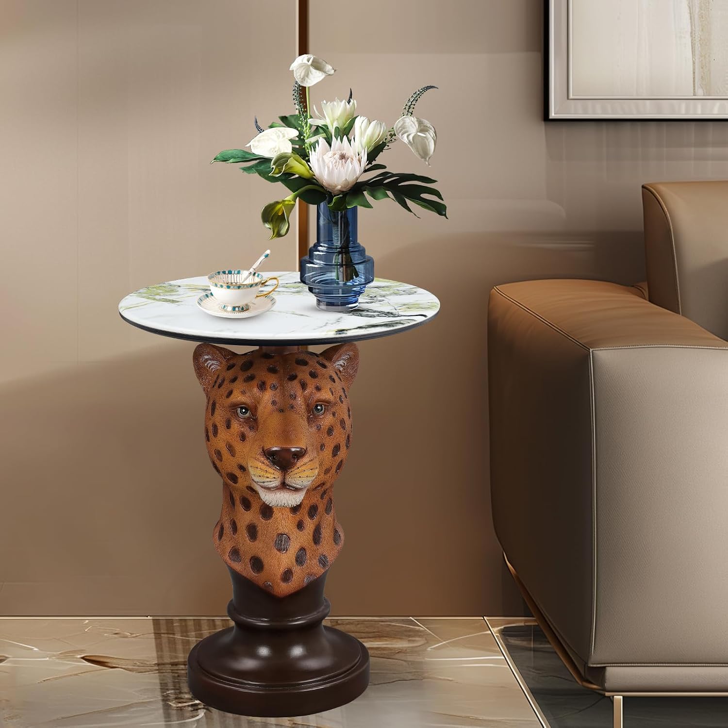 Leopard Side Table, Maximalist Room Decor Accent Table, Unique Animal Head Sculptural End Table with Faux Marble Top for Eclectic Vintage Home Interior, Living Room & Lounge - Savannah Leopard