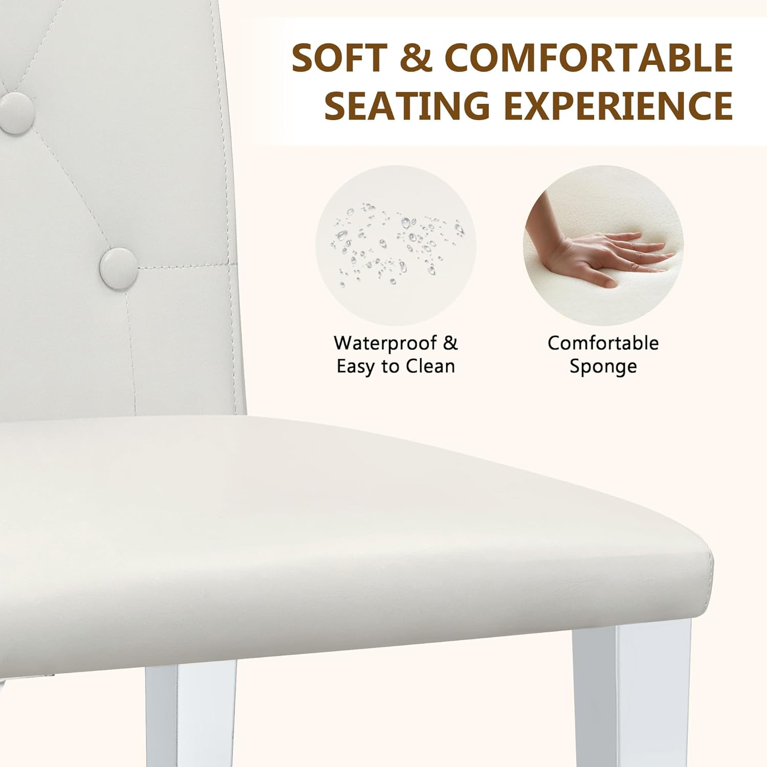 Modern Dining Chairs Set of 4, Button Tufted Upholstered Parsons Chairs with Silver Metal Legs, White PU Leather Kitchen Chair for Dining Room, Kitchen, Restaurant