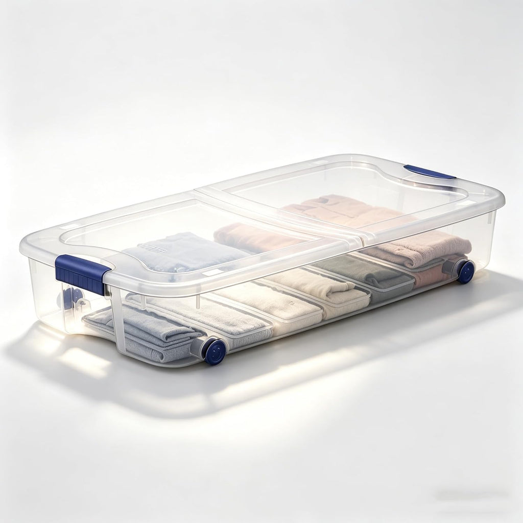 66 Quart Clear Plastic Underbed Storage Bin with Latching Lid and Wheels, Stackable Container, Blue
