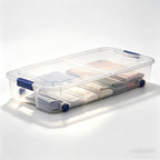 66 Quart Clear Plastic Underbed Storage Bin with Latching Lid and Wheels, Stackable Container, Blue