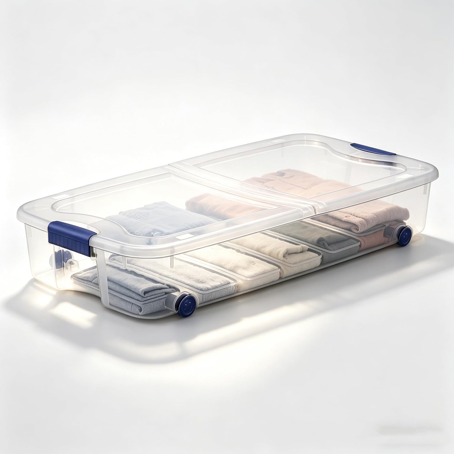 66 Quart Clear Plastic Underbed Storage Bin with Latching Lid and Wheels, Stackable Container, Blue