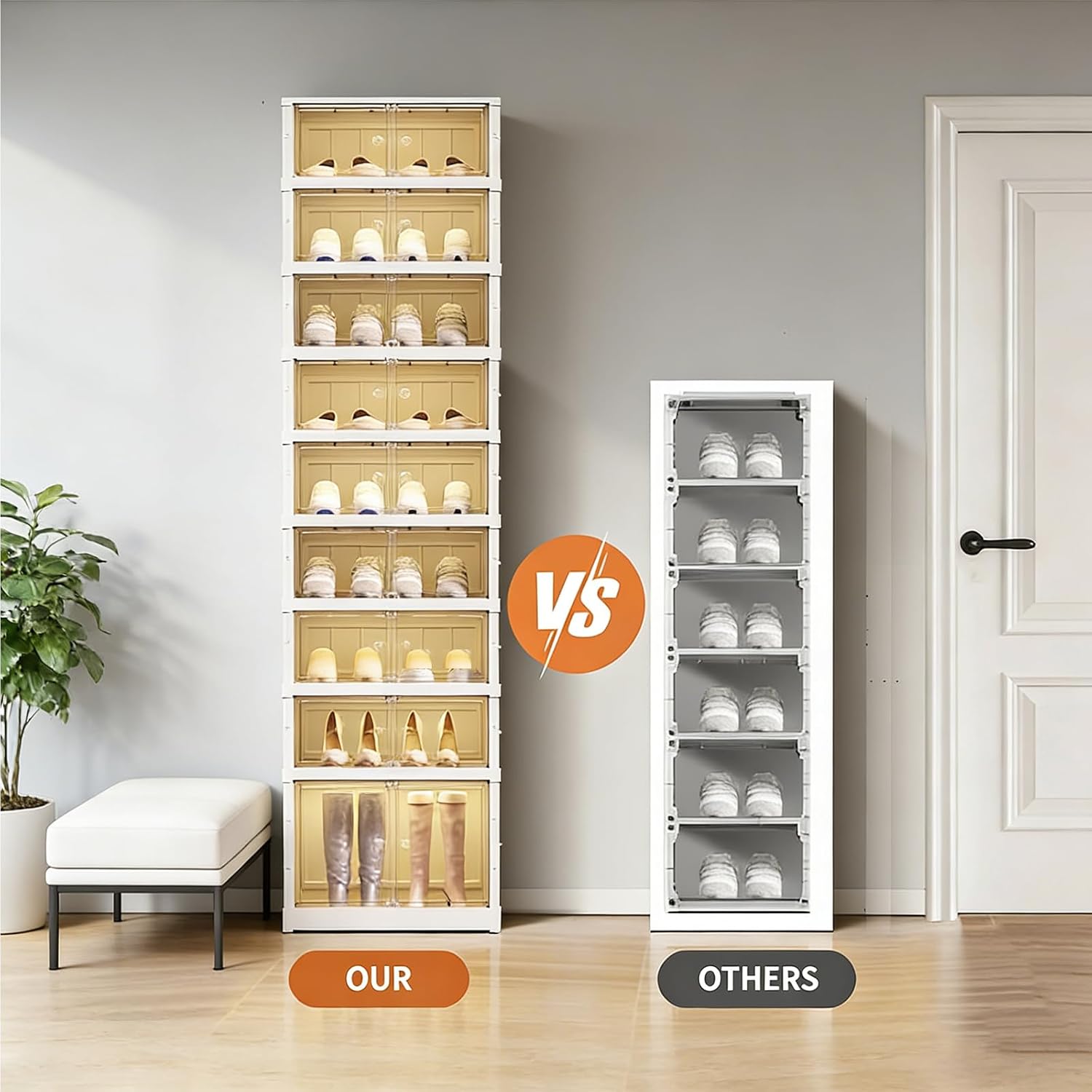 3Tier Foldable Shoe Rack Organizer for Closet,6Pairs Collapsible Plastic Shoe Shelf,Large Shoes Cabinet with Door,Clear Stackable Storage Box Easy Assembly,for Living Room(3Tier6Pairs Cream White)