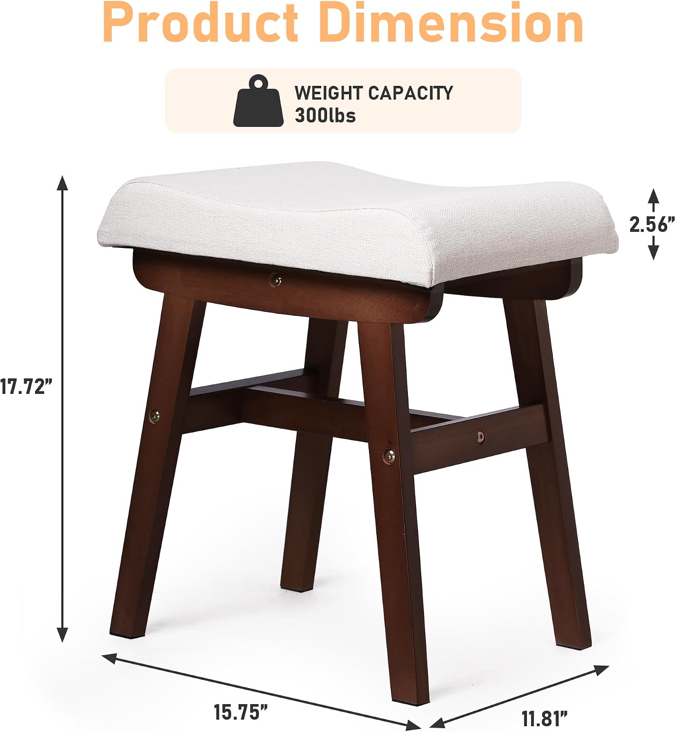 Wood Vanity Stool Chair, 17.7 Inch Compact Makeup Chairs with Saddle Cushion, Linen-Covered High Rebound Sponge Seat, Easy Assembly Footstool for Bedroom, Entryway, Home, Walnut Ottomans