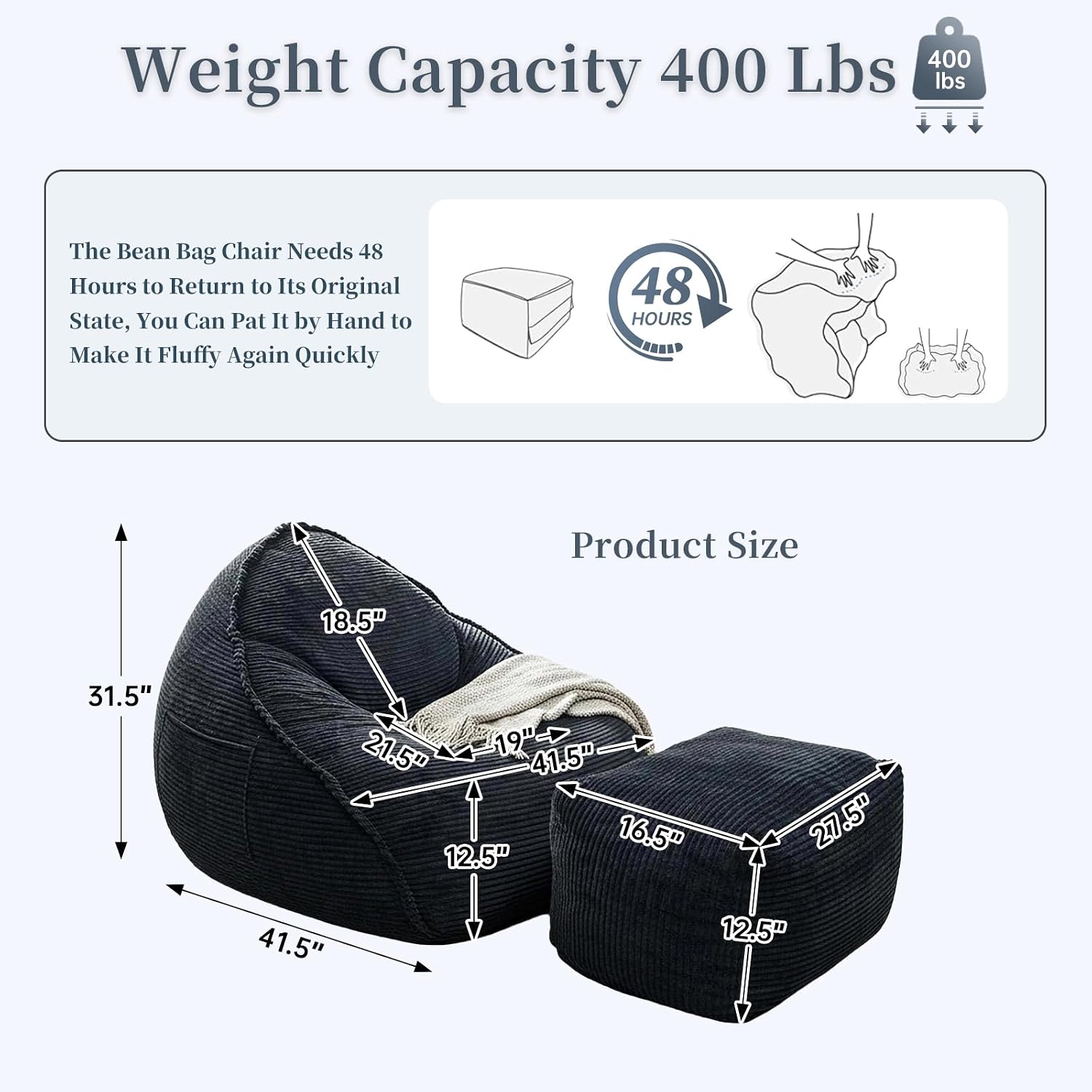 WHGBJA 4FT Bean Bag Chair for Adults/Kids with Ottoman,35D Memory Foam Filled,Cozy Fluffy Gaming Chair for Living Room, Bedroom (Black)