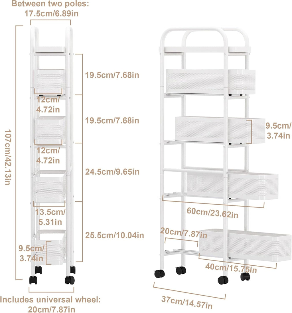 UMDONX Slim Storage Cart 5 Tier with Pull Out Basket Bathroom Organizer Rolling cart, Rolling Utility Cart Slide Out Organizer for Kitchen, Bathroom, Laundry White