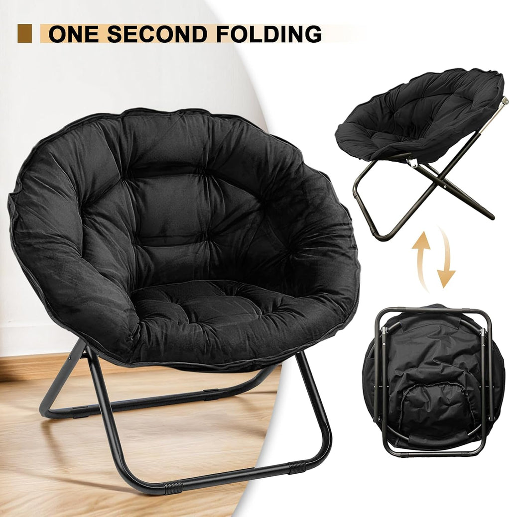 Grezone Folding Saucer Chair, Oversized Lazy Moon Chair with Metal Frame, Comfy Bedroom Chairs for Bedroom, Living Room, Study Black JC