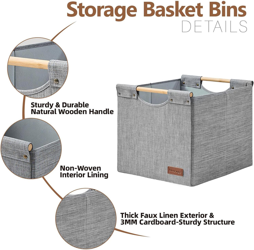 KAKAMAY 13x15x13 Inch Collapsible Fabric Storage Cubes, Grey 2-Pack with Wooden Handles, Cube Storage Bins for Kallax Shelf, Closet, Living Room, Bedroom, Nursery, Toys, Clothes, Blankets, Laundry