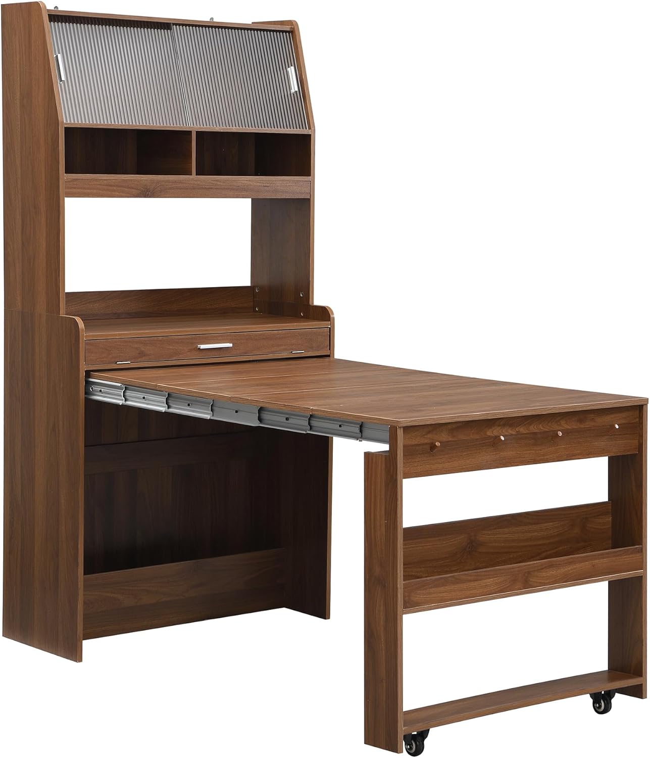 L-Shaped Kitchen Pantry with Hutch and Foldable Dining Table, Sideboard Buffet Cabinet with Sotrage Shelf and Side Hooks, Foldable Cupboard for Kitchen, Dining Room, Walnut