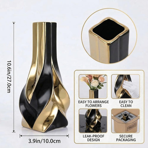 10.6" Black and Gold Ceramic Vase, Modern Geometric Flower Vase for Dining Table Centerpiece, Elegant Decorative Vase for Pampas Grass, Living Room, Bedroom, Office, Tabletop Decoration