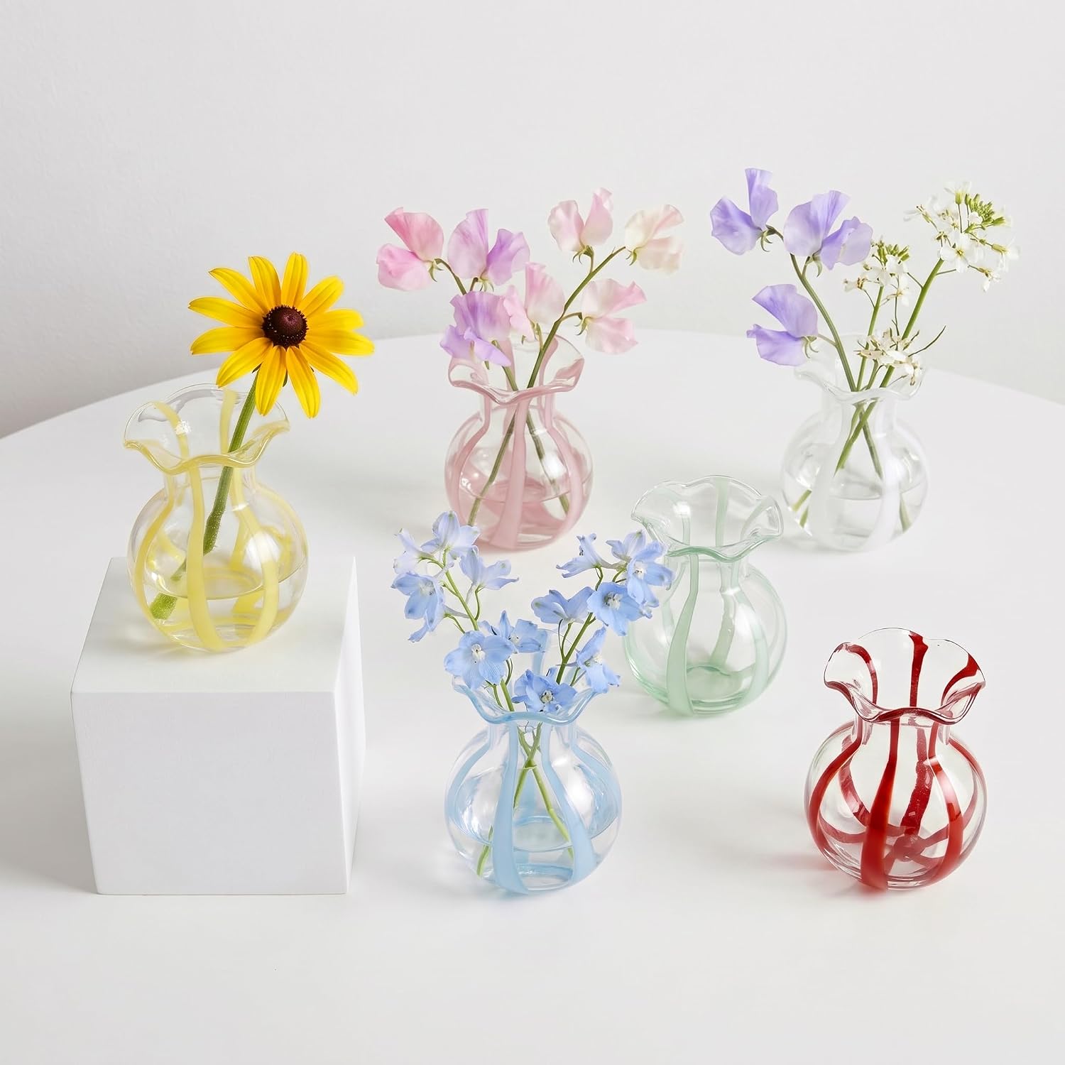 Ruffled Ribbon Hand-Blown Glass Vase Set Small Clear Flower Vases for Centerpieces, Weddings, and Home Decor, Thickened Base for Stability