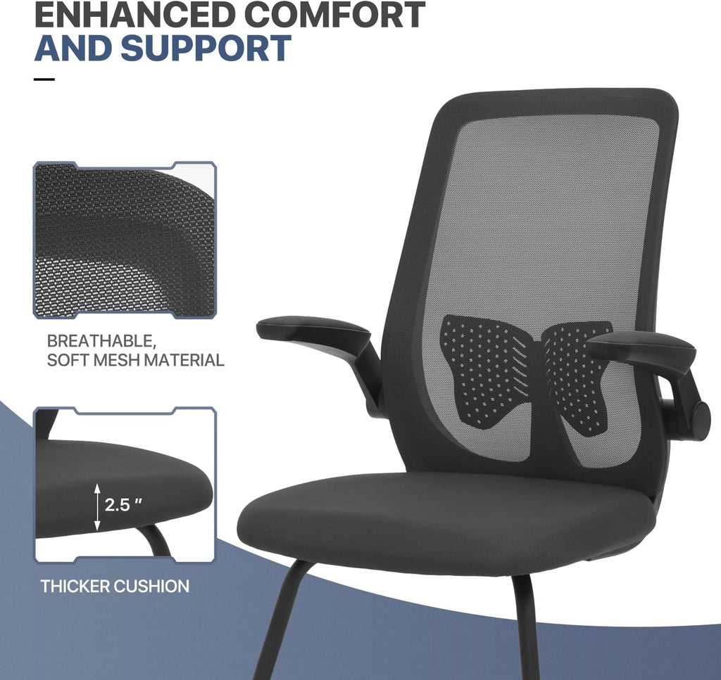 MoNiBloom Office Guest Chair Without Wheels, Executive Reception Chair with Lumbar Support and Sled Base, Mid-Back Mesh Task Chair with Flip-Up Arms for Reception Conference Wait Room, 250 LBS, Black