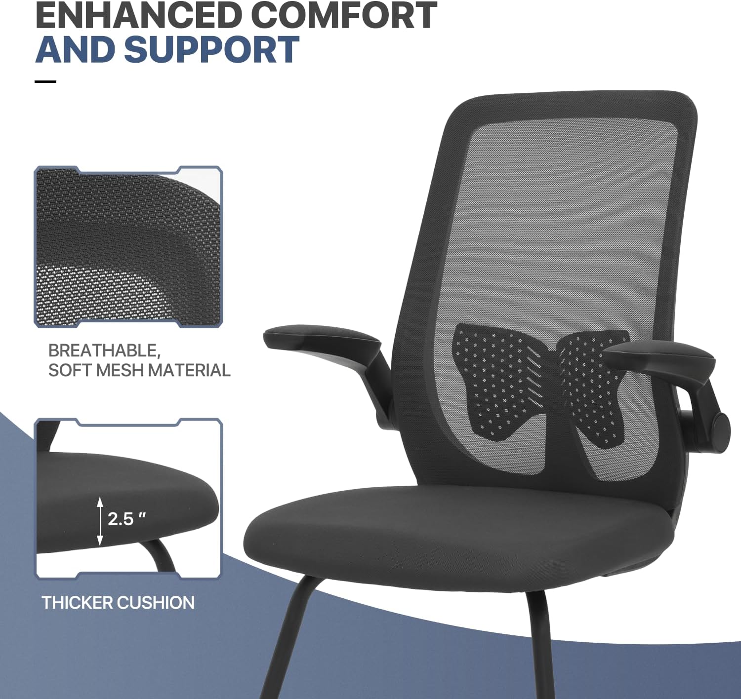 MoNiBloom Office Guest Chair Without Wheels, Executive Reception Chair with Lumbar Support and Sled Base, Mid-Back Mesh Task Chair with Flip-Up Arms for Reception Conference Wait Room, 250 LBS, Black