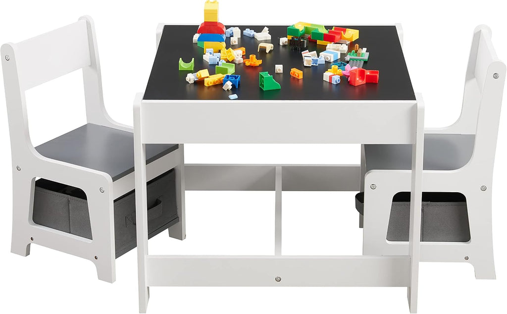 GTOLV Kids Table and Chair Set, 3 in 1 Wooden Activity Table with Storage Drawer for Toddlers Drawing, Reading, Crafts, 2 in 1 Detachable Tabletop Table Set for Nursery, Playroom (Gray)