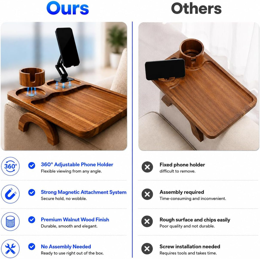Couch Armrest Table with Cup Holder (15.31" x 9.65") - Acacia Sofa Arm Tray Organizer with Magnetic & 360° Rotating Phone Holder - Fits Couch Arm for Drinks, Snacks & Remote Control