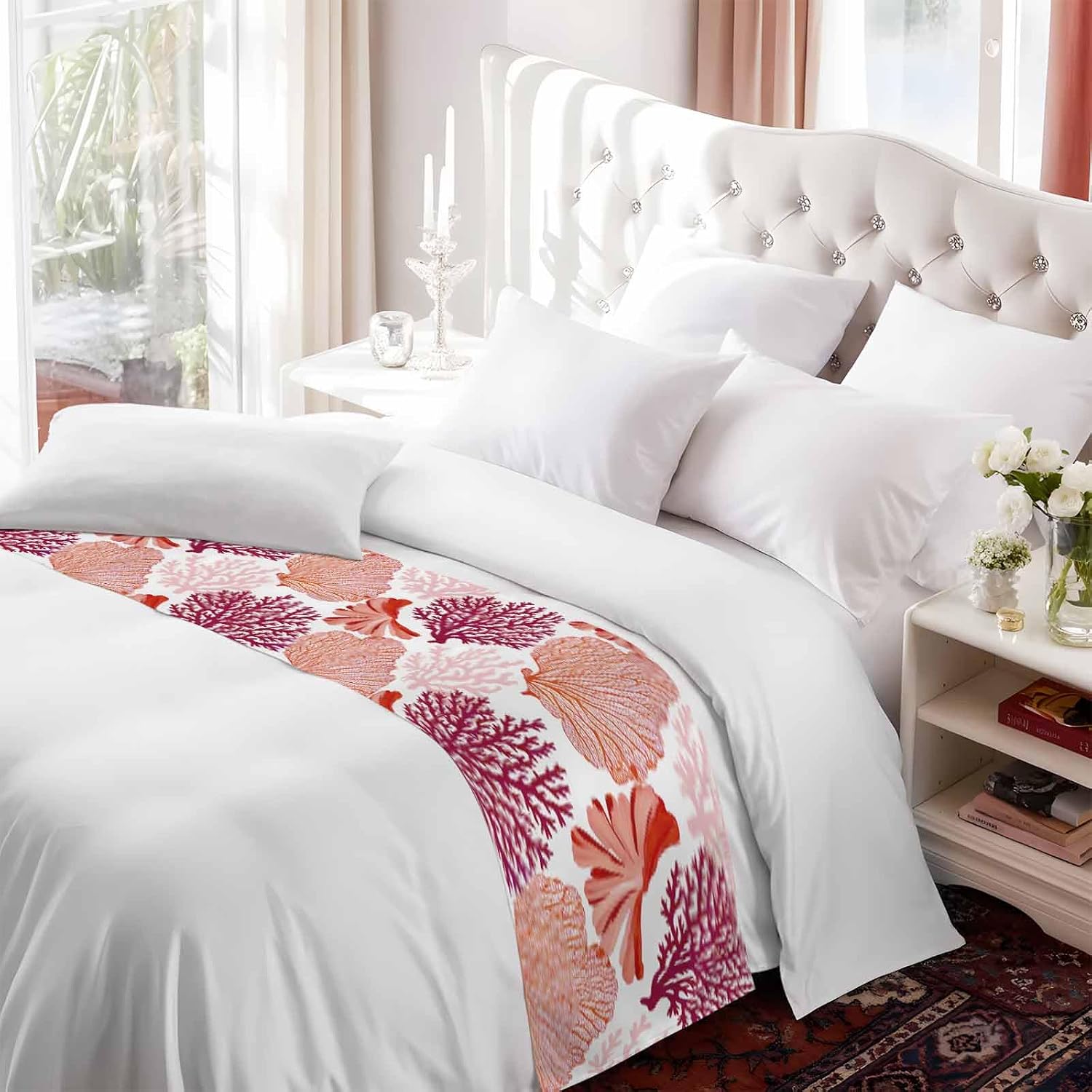 Red Orange Coastal Bed Runner Twin Size, Summer Coral Beach Nautical Bed Scarf Protector Slipcover for Bedroom Wedding Room Hotel, Bedding Runner Throws for Foot of Beds 71"x20"