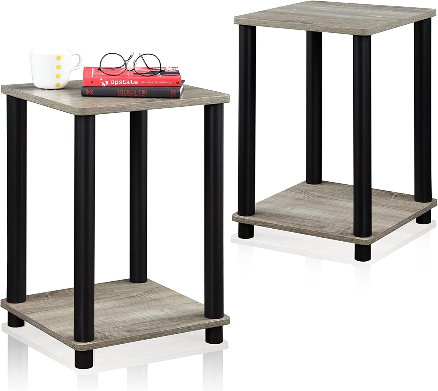 Furinno Turn-N-Tube Toolless Assembly Side Table Set of 2, Stackable 2-Tier Grey End Table with Open Shelf, Night Stand, Bedside Table, for Living Room, Bedroom, Grey Oak