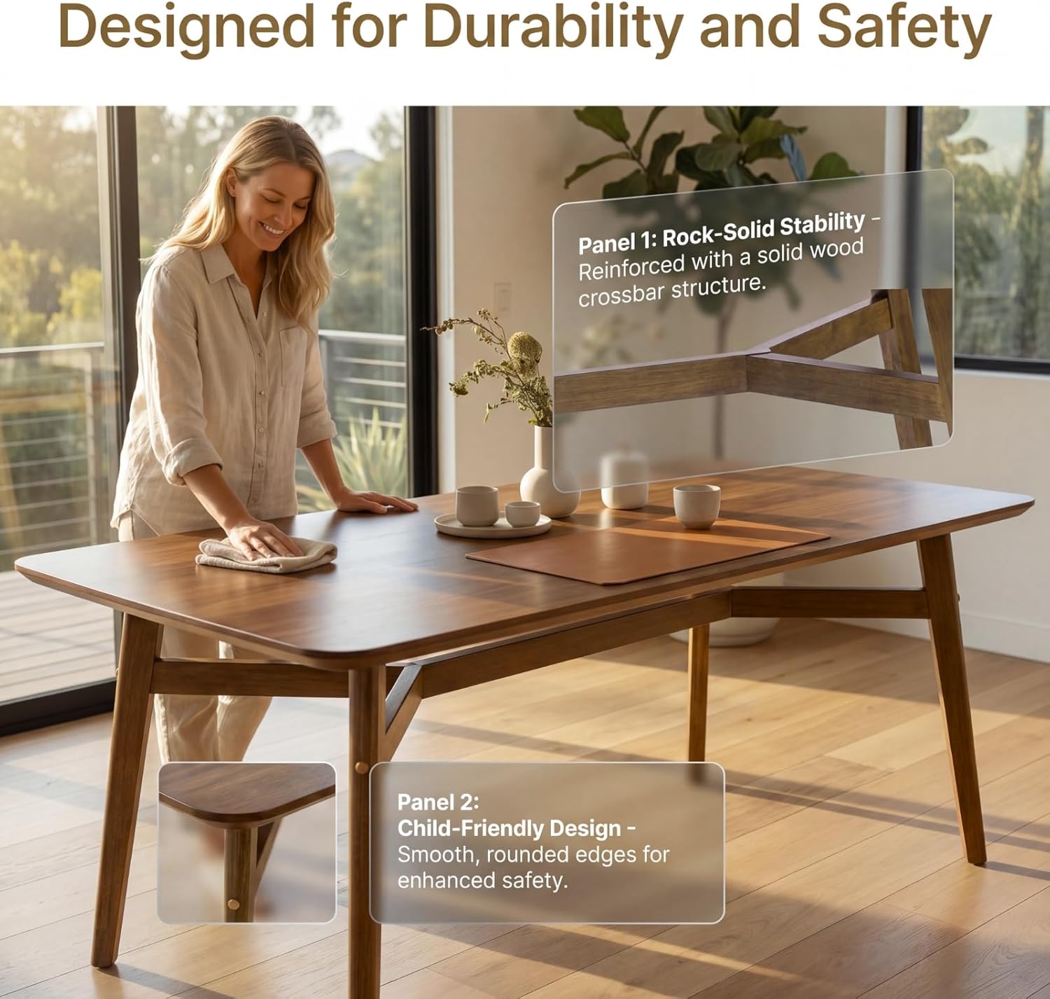 DUOMAY Modern Wooden Dining Table for 4-6 People, 59" Large Rectangular Dinner Table with Wood Legs for Home Dining Room Restaurant Farmhouse Kitchen, Brown