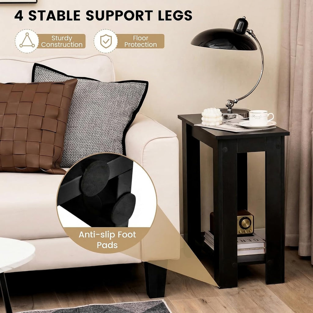 Giantex Narrow End Table, 2-Tier Side Table with Open Storage Shelf, Retro Wood Sofa Table Bedside Tables for Small Spaces, Slim Nightstand for Living Room, Bedroom, Easy Assembly, Black