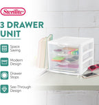 Sterilite 4-Pack 3 Drawer Unit, Stackable Plastic Organizer with Drawers, White Frame - Multi-Purpose Countertop Storage Containers for Office Supplies, Craft Rooms, Classrooms and Home Organization
