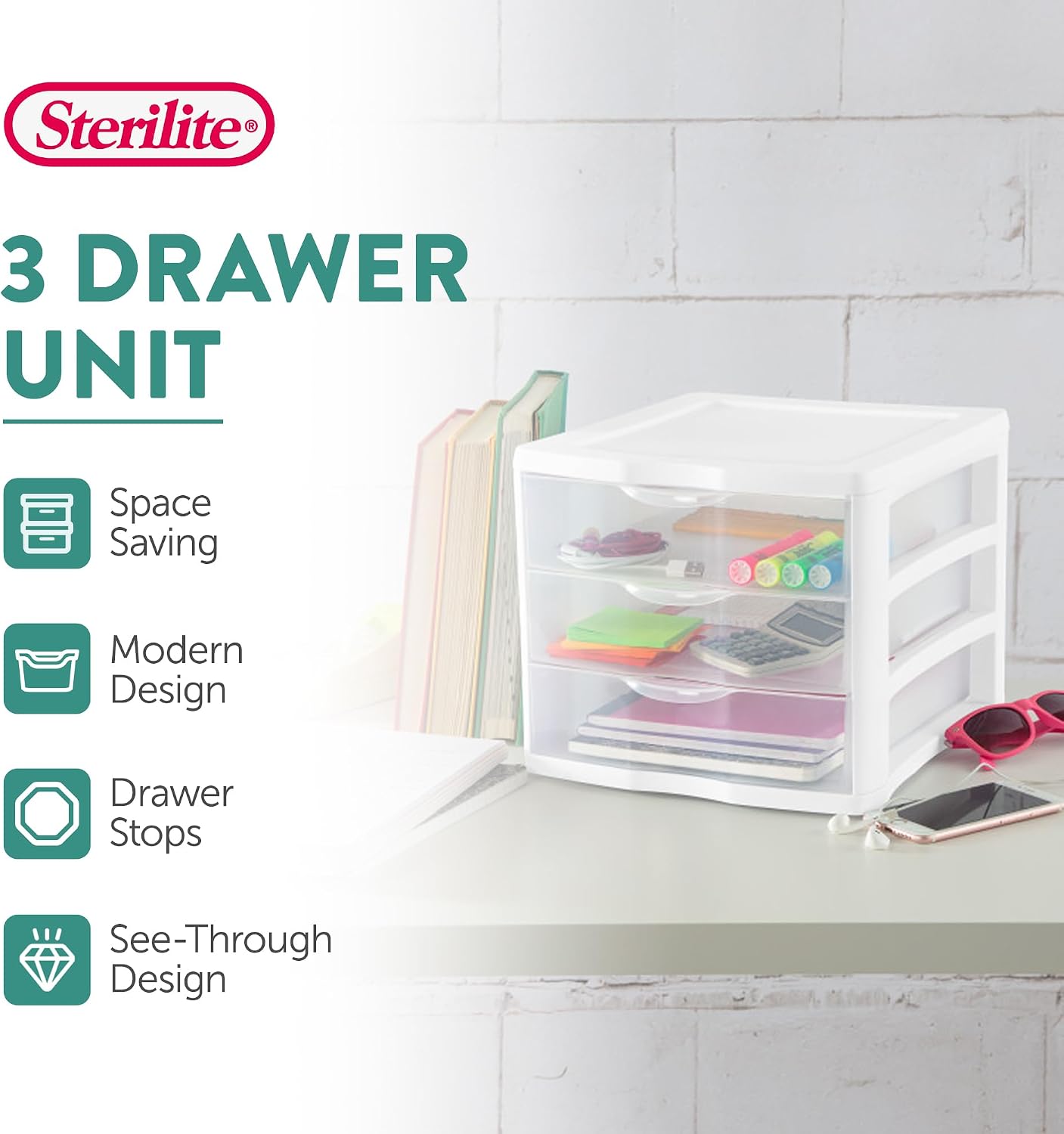 Sterilite 4-Pack 3 Drawer Unit, Stackable Plastic Organizer with Drawers, White Frame - Multi-Purpose Countertop Storage Containers for Office Supplies, Craft Rooms, Classrooms and Home Organization