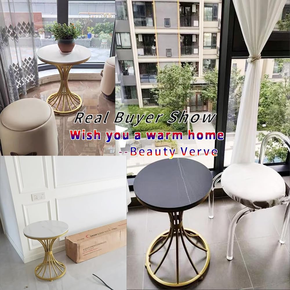 BeautyVerve Rock Plate Small End Tables for Living Room Coffee Tables, Modern Round Side Table with Like-Marble Hard Top, Metal Base, for Patio Bedroom, Corner Desk (Snow Mountain White)