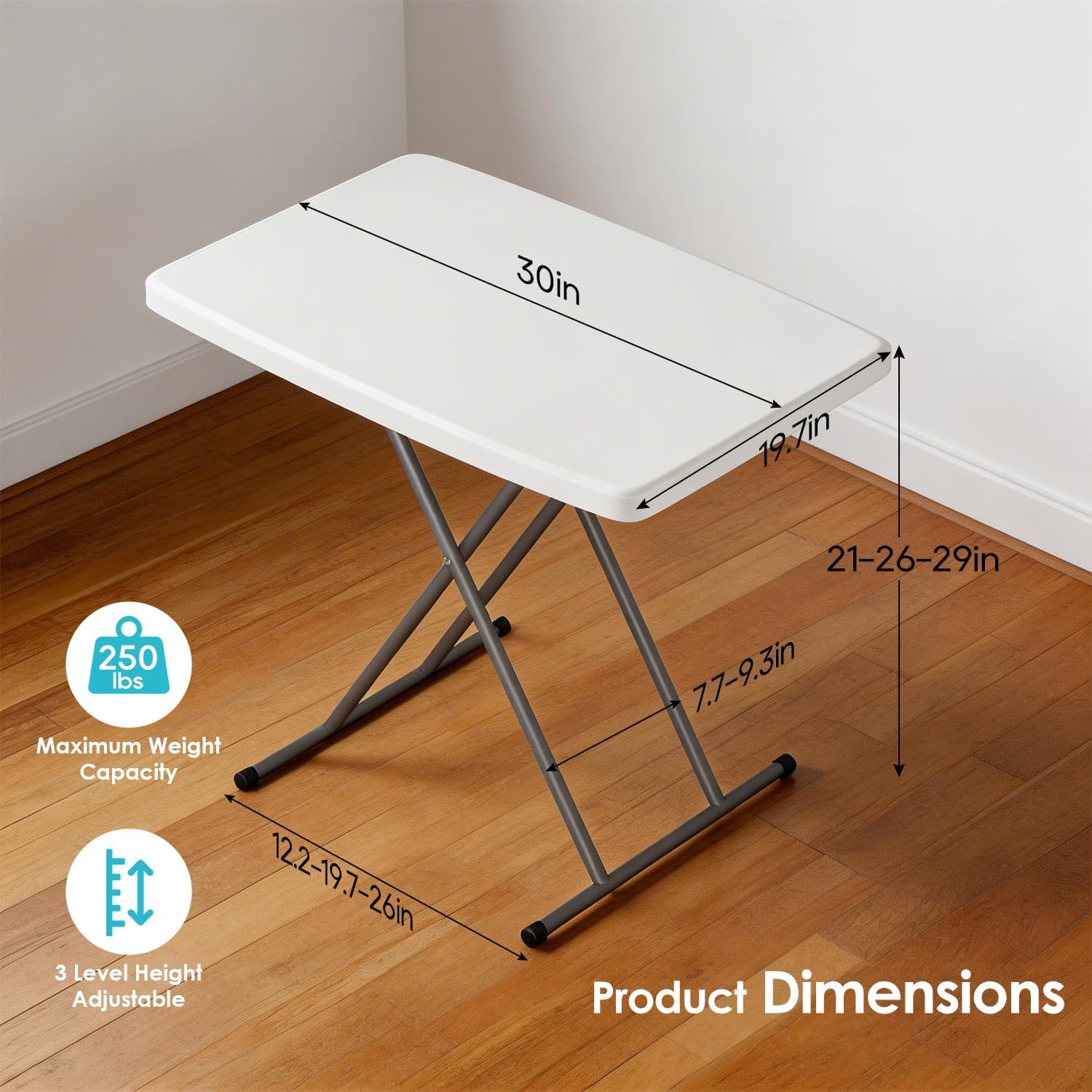 FDW 30 Inch Folding Table, Utility Foldable Table for Small Spaces, Small Desk Adjustable Height TV Tray for Laptop, Couch, Camping, No Assembly Required, White